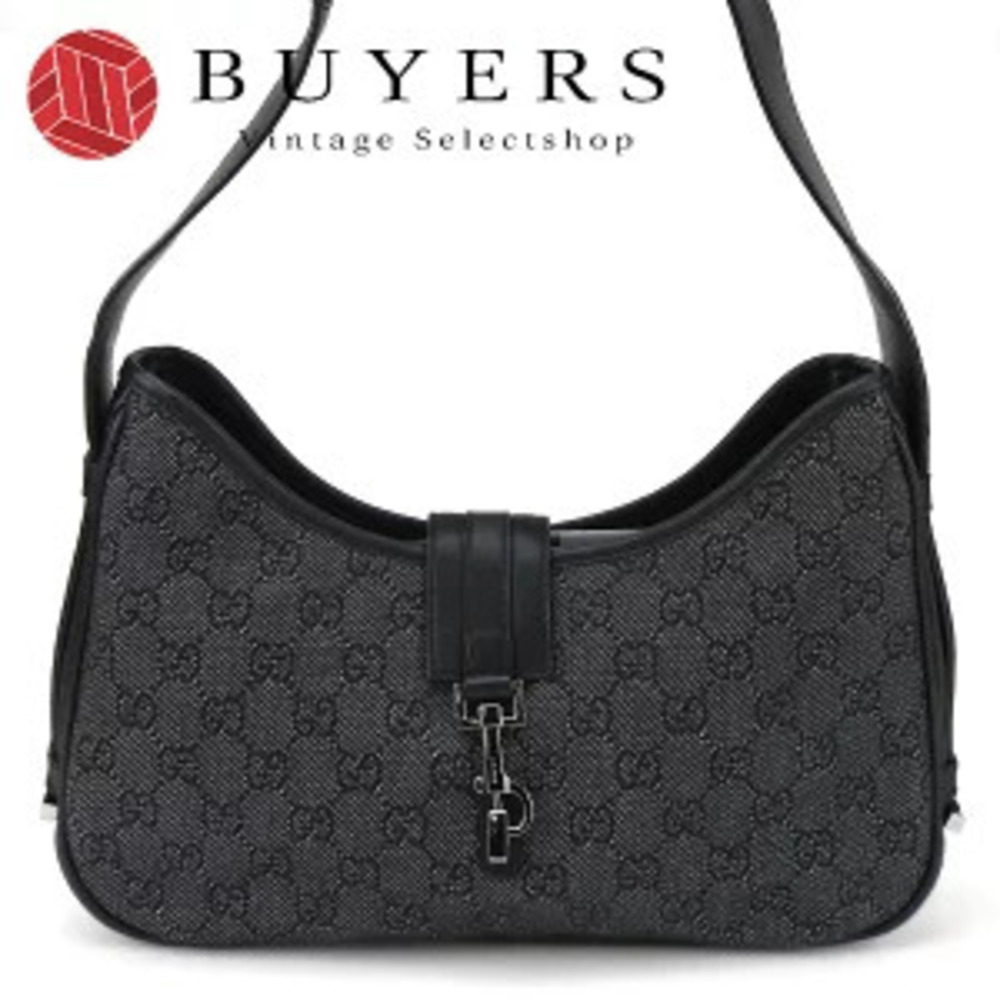 Gucci One Shoulder Hobo Bag Shoulder GG Canvas Leather Black